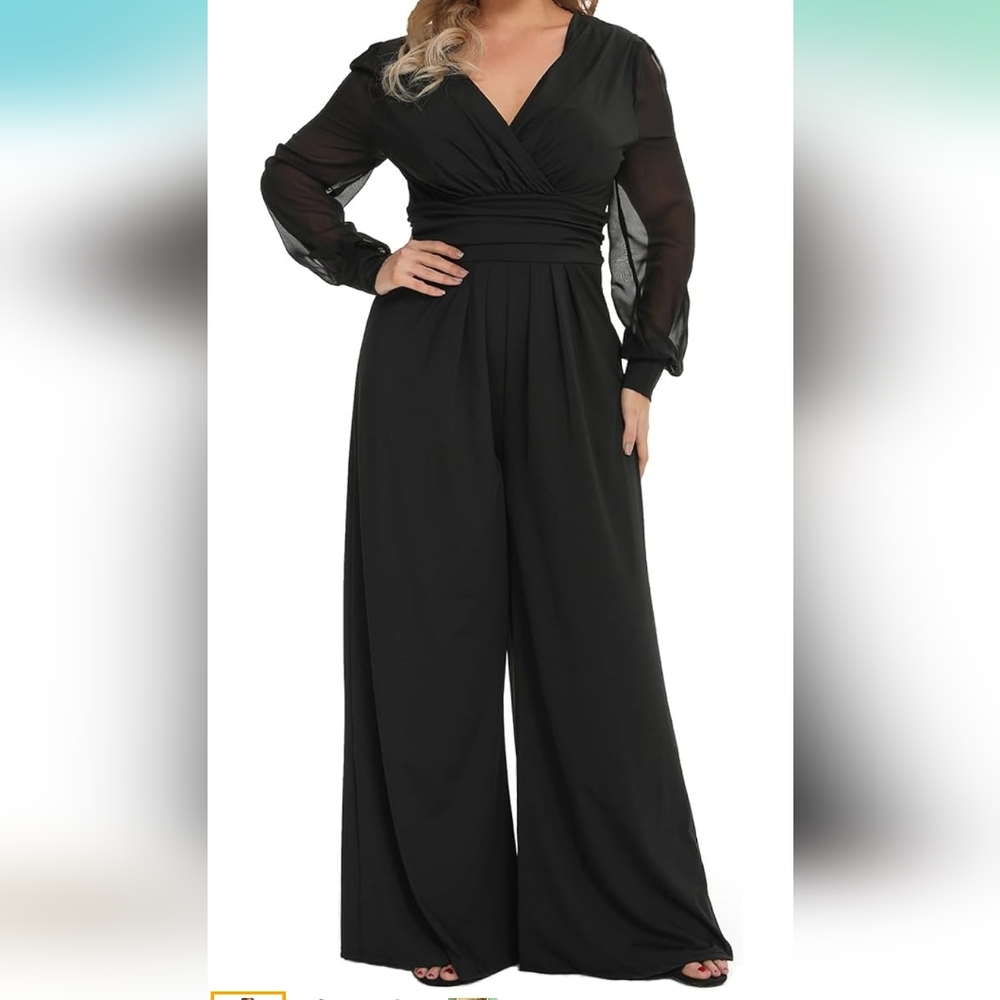 RED DOT BOUTIQUE Plus Size Mesh Long Sleeve V Wrap Neck Wide Leg Pants One Piece